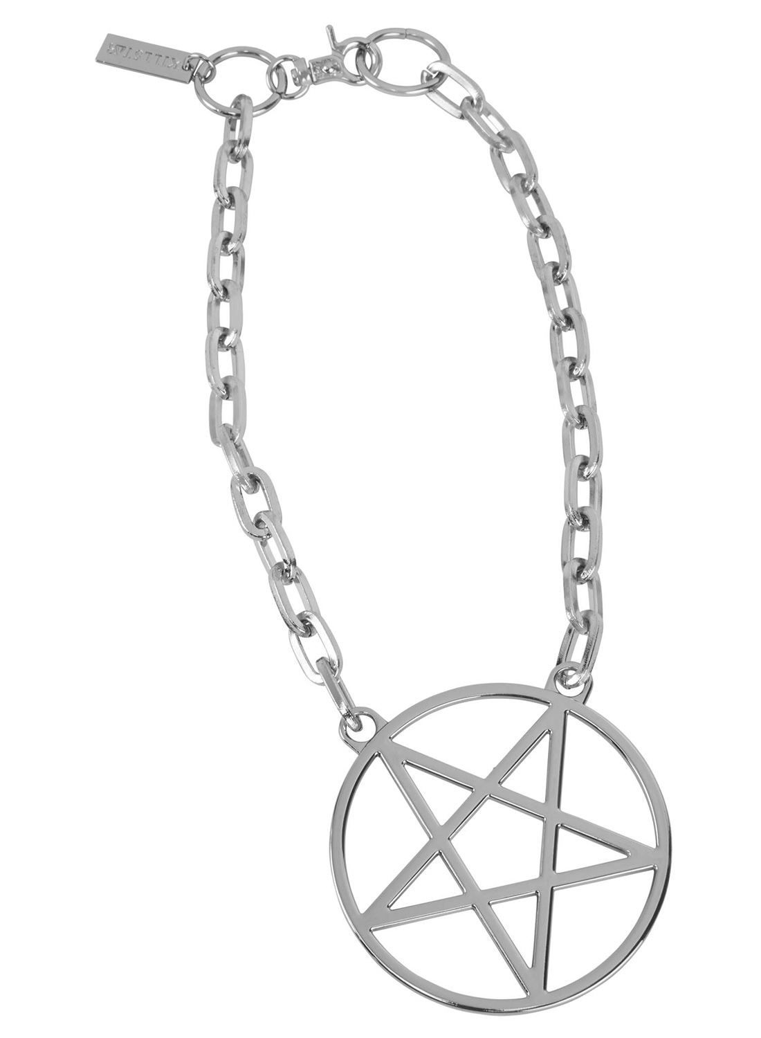 Hextasy, chain choker från Killstar. Stort pentagram i silverfärg med en knäppning som gör det möjligt att justera längden på kedjan. Tillverkad i 100% alloy metall. Kedjestorlek: 48 cm. Hänge storlek: 7,7 cm.