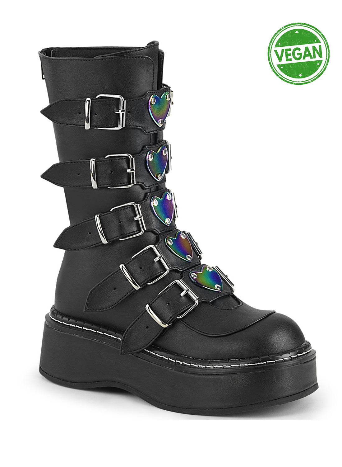Demonia Emily-330. Demonia Emily-330. Schwarze Emily-330-BVL Gothic-Plateaustiefel mit fünf verstellbaren Schnallen, schillernden regenbogenfarbenen Herzen und schwerer Plateausohle.