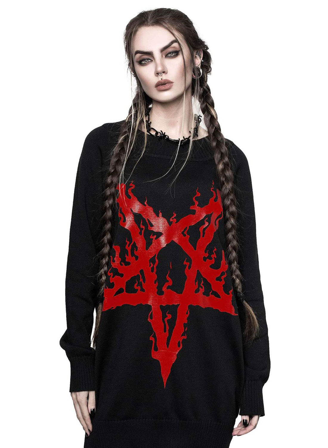Killstar Bloodpact Pullover. Schwarzer Strickpullover mit großem roten Pentagramm-ähnlichen Aufdruck auf der Vorderseite von Killstar.