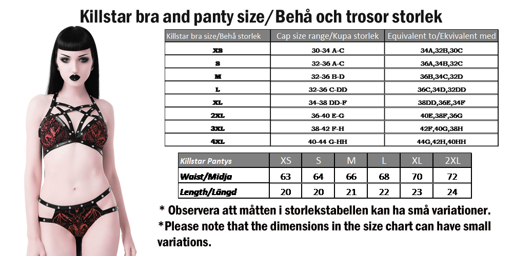 Bra and panty size chart