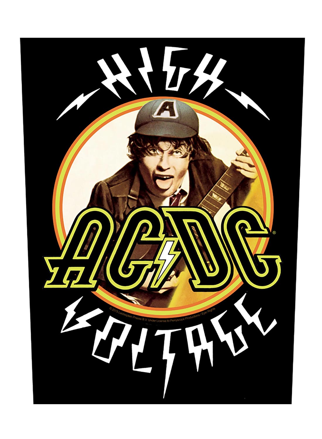 AC/DC High Voltage-Rückenaufnäher mit Angus Young-Motiv und klassischem Bandlogo.