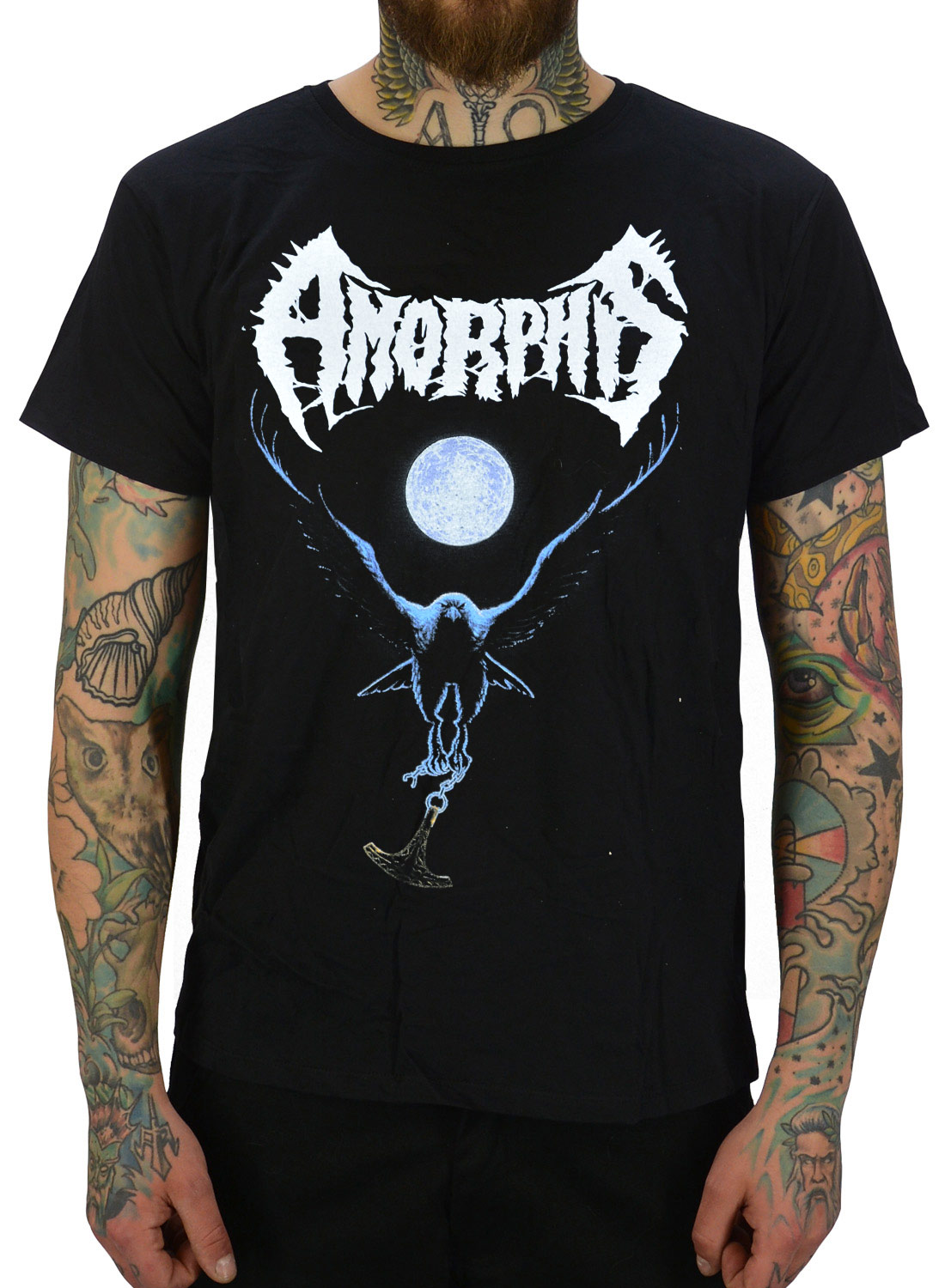 Amorphis Schwarzes Wintertags-T-Shirt. Schwarz mit Aufdruck von Vogel und Vollmond in Blau und Weiß.