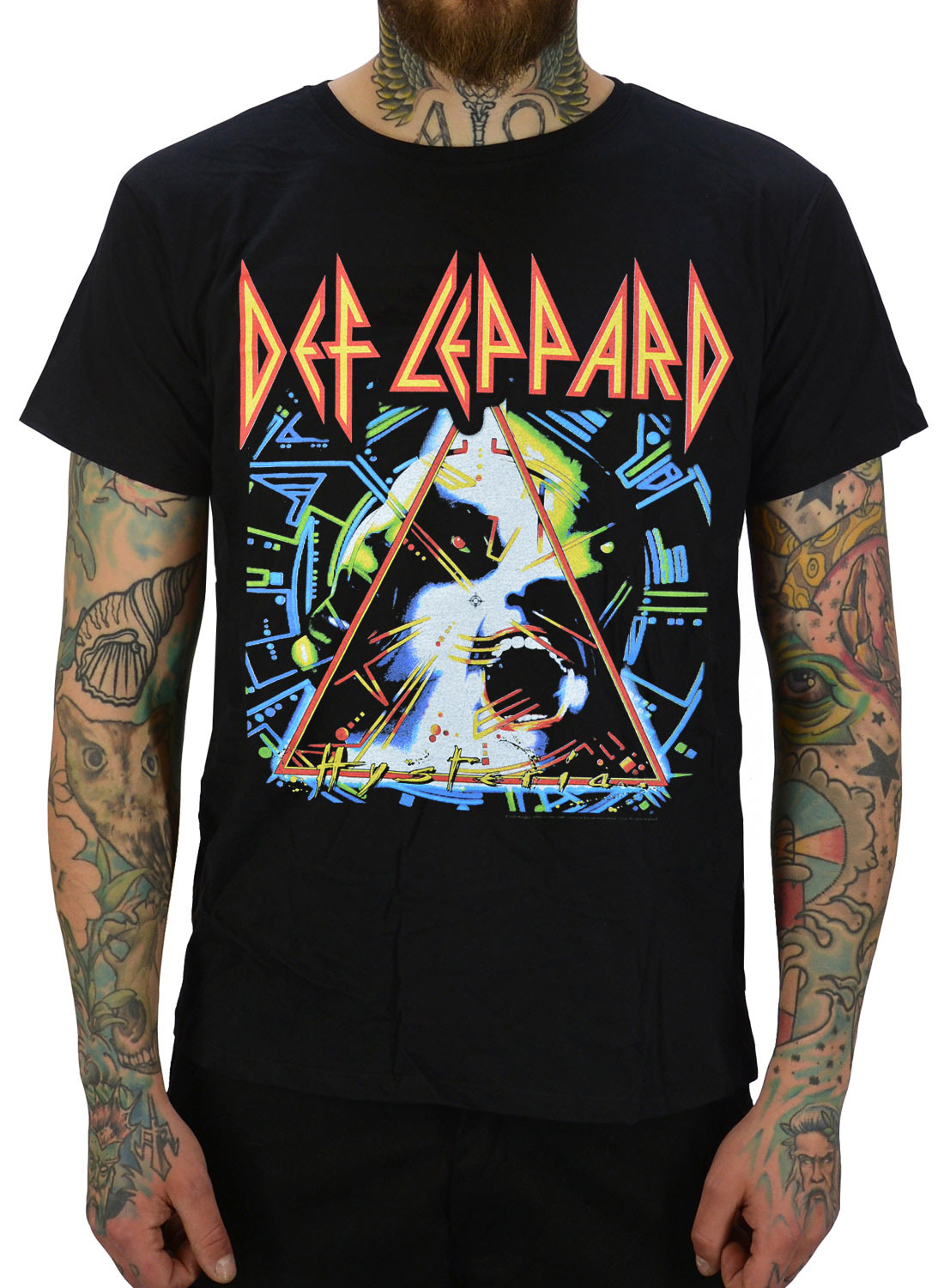 Def Leppard Hysteria T-Shirt, schwarz mit Hysteria-Motiv und buntem Aufdruck auf der Vorderseite.