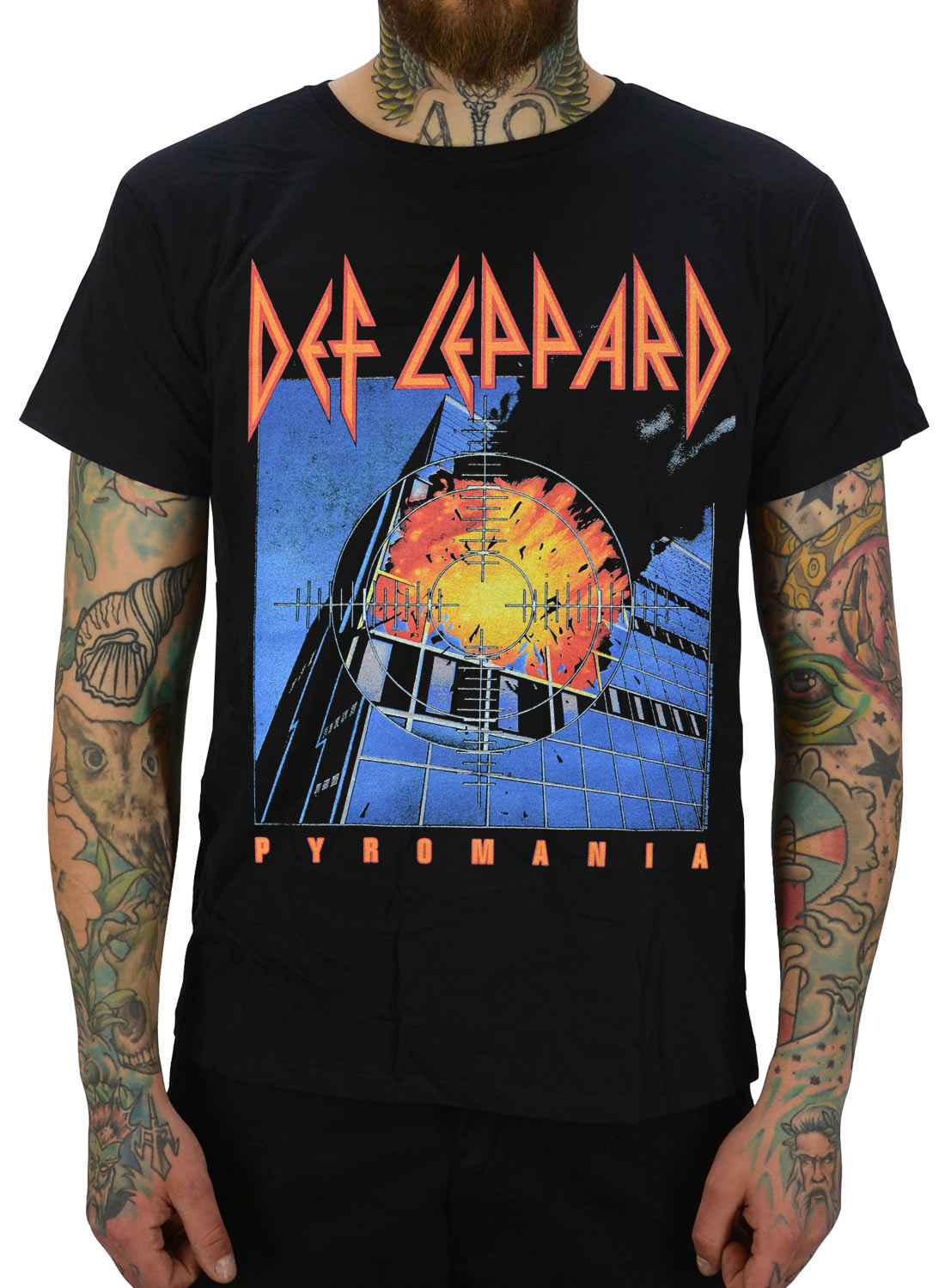 Def Leppard Pyromania T-Shirt, schwarz mit Pyromania-Motiv und buntem Aufdruck mit Explosion und Logo.
