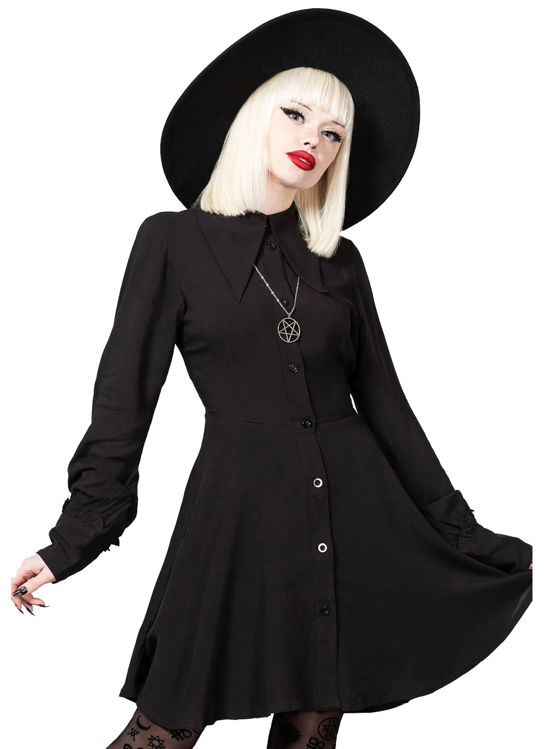 Killstar Kimaris Dress Gothic-Kleid mit Knöpfen vorne, taillierter Taille und ausgestelltem Rock