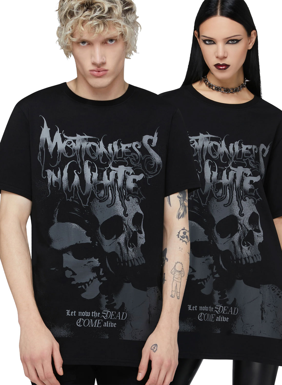Schwarzes T-Shirt „Motionless In White“ mit „Dead Come Alive“-Aufdruck und Totenkopfmotiv in dunklem Design