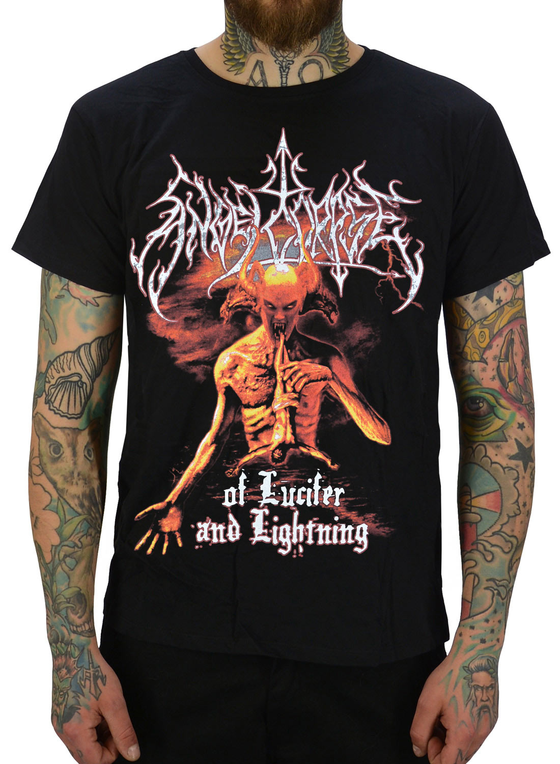 Angelcorpse Of Lucifer And Lightning T-Shirt, mit Dämonenmotiv in feurigen Farben und weiß-schwarzem Metalllogo und dem Text „of Lucifer and Lightning“ auf der Vorderseite.