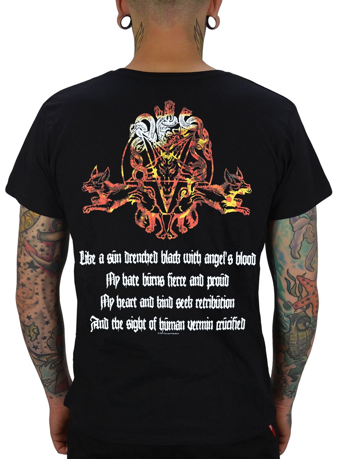 Angelcorpse Of Lucifer And Lightning T-Shirt mit großem Rückendruck mit dämonischem Motiv in feurigen Farben und weißem Text mit dunklem okkulten Thema auf der Rückseite.