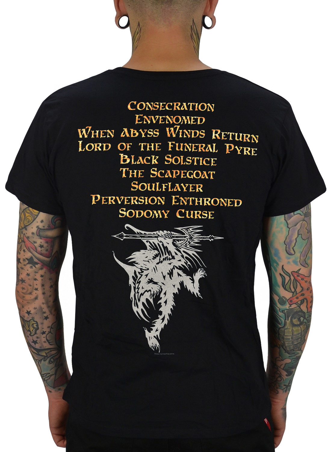 Angelcorpse Hammer of Gods T-Shirt, mit Songliste in gelbem Text und dämonischem Motiv in weißem Aufdruck auf schwarzem Stoff.