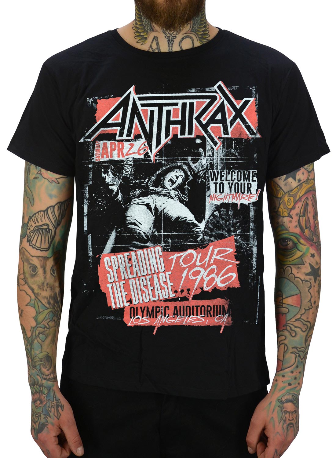 Schwarzes Anthrax-T-Shirt mit Spreading the Disease Tour 1986-Aufdruck und Retro-Rock-Motiv in Rot und Weiß
