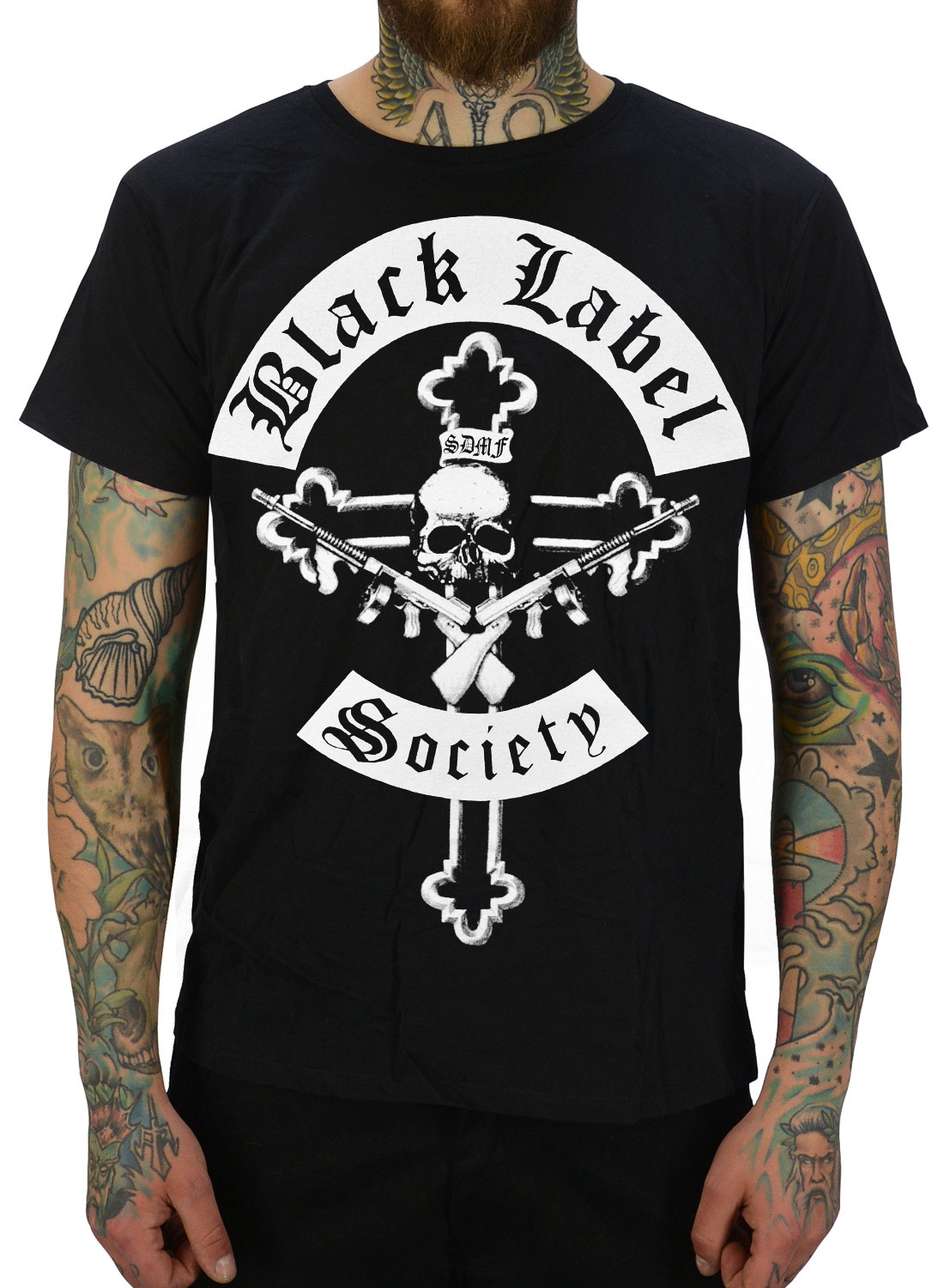 Black Label Society Mafia T-Shirt, schwarz mit Totenkopf, Kreuz und verschränkten Armen auf der Vorderseite.