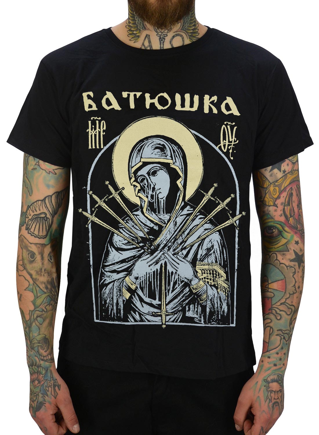 Batushka Marry Dagger T-Shirt. Schwarz mit religiösem Motiv und Dolchen vorne.