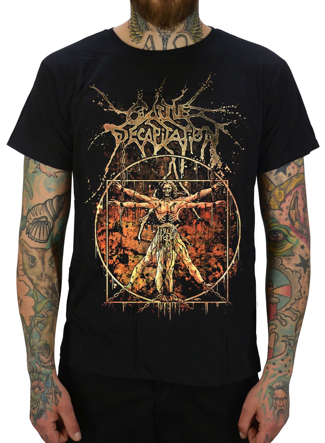 Cattle Decapitation Vitruvian T-Shirt, schwarzes Cattle Decapitation T-Shirt mit vitruvianischem Motiv im brutalen Death Metal-Stil