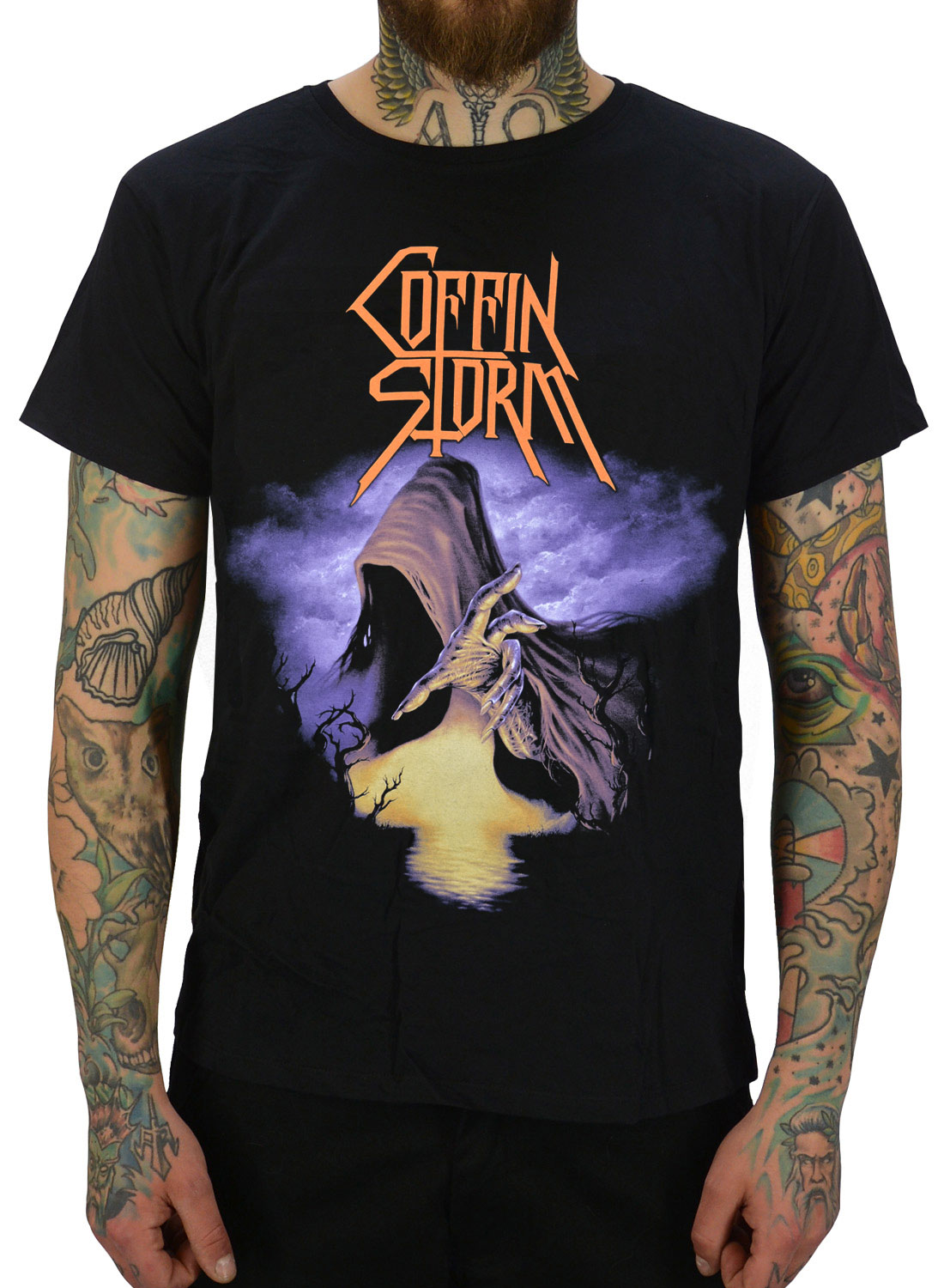 Sargsturm Arcana Risen T-Shirt. Schwarzes Coffin Storm-T-Shirt mit Arcana Rising-Motiv und dunklem Metalldesign.