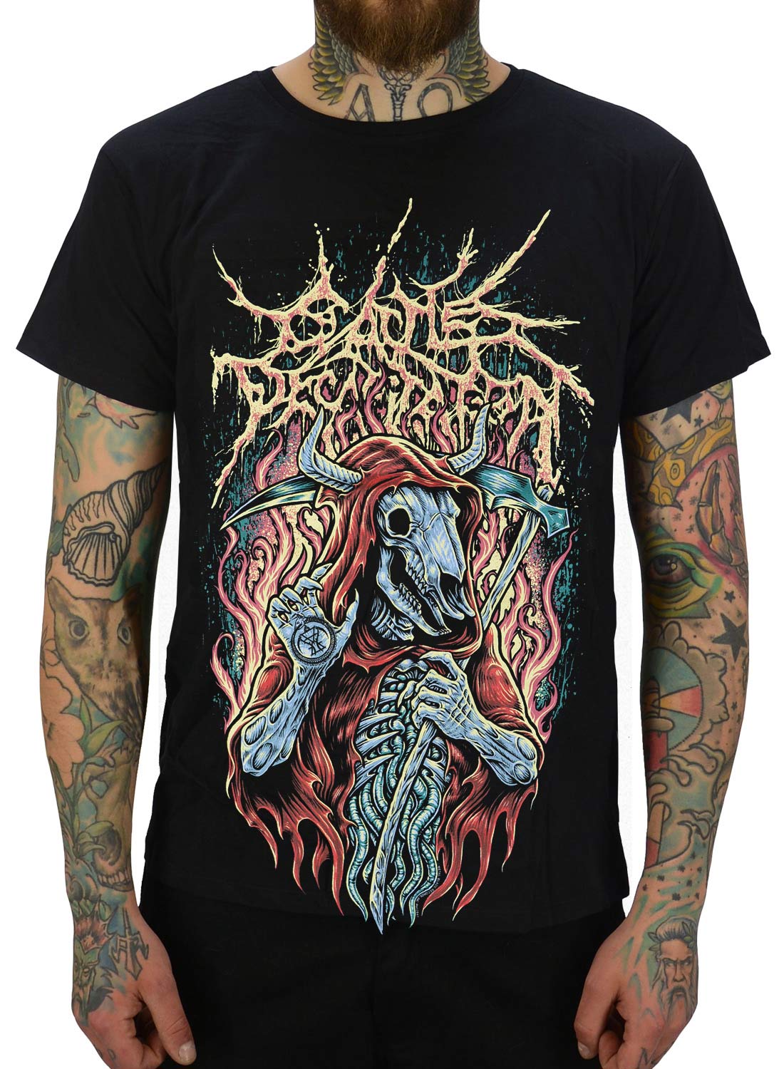 Rinder-Enthauptung-Reaper-Ramirez-T-Shirt. Black Cattle Decapitation T-Shirt mit Reaper Ramirez-Motiv im brutalen Death-Metal-Design.