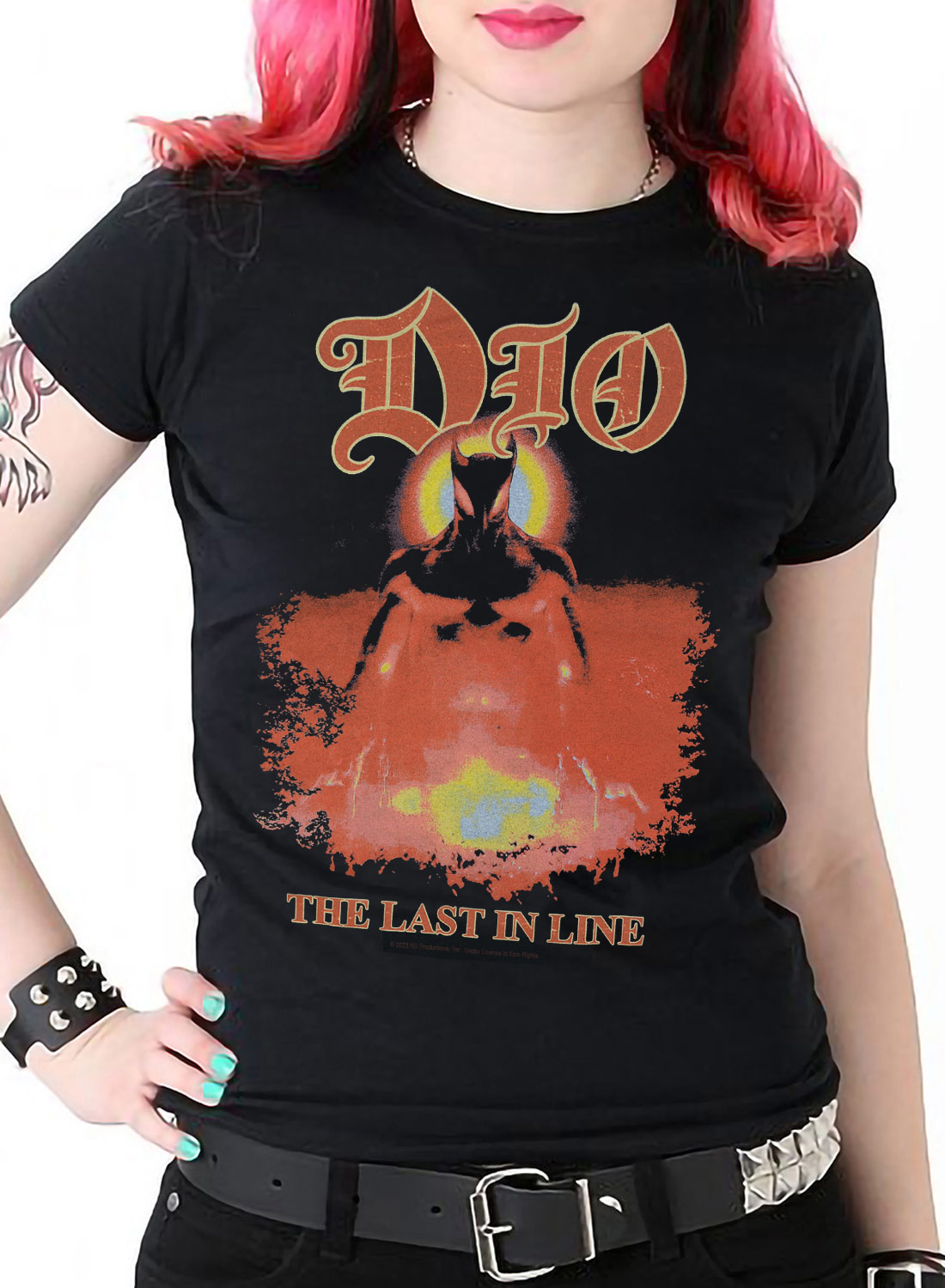 Dio Last In Line Album-Top mit „The Last in Line“-Motiv und Feuer-inspiriertem Aufdruck in Rot und Orange