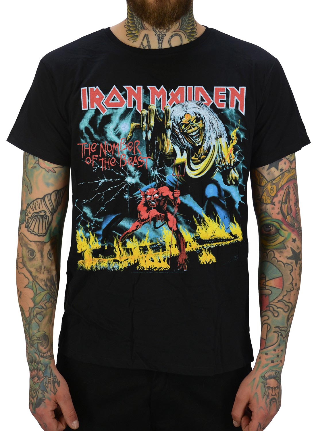 Iron Maiden Number Of The Beast T-Shirt mit Eddie- und Dämonenmotiv in feuriger Landschaft.