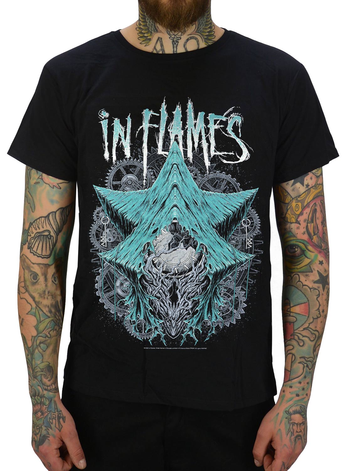In Flames The Wheel Turns T-Shirt mit türkisfarbenem abstraktem Motiv und Bandlogo im Metal-Stil.