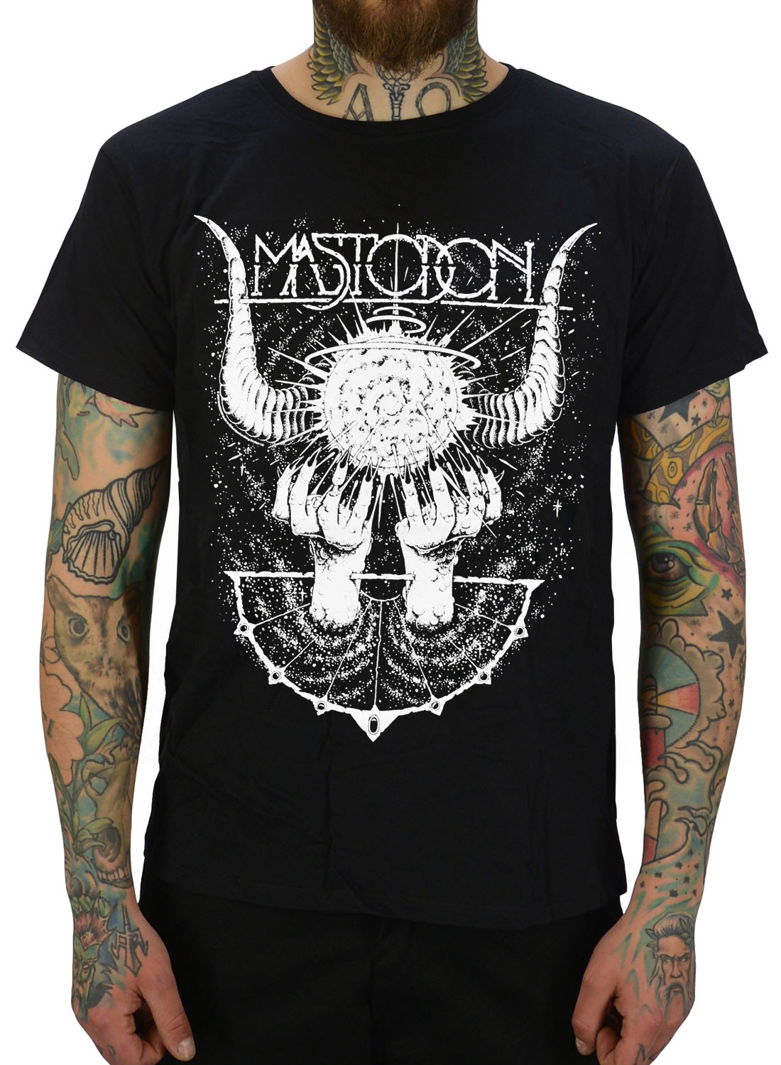 Mastodon Horns T-Shirt mit weißem Grafikmotiv und abstraktem Metalldesign.