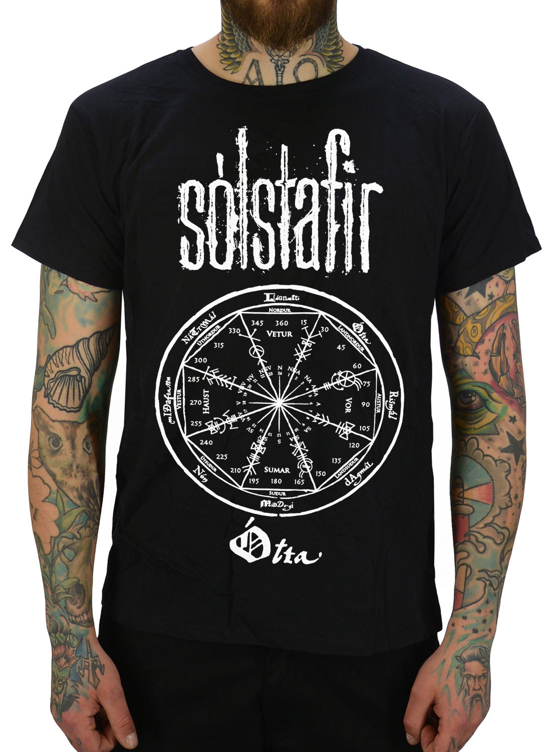 Solstafir Otta T-Shirt schwarz mit Runen-inspiriertem Kompassmotiv und Schleifenlogo.