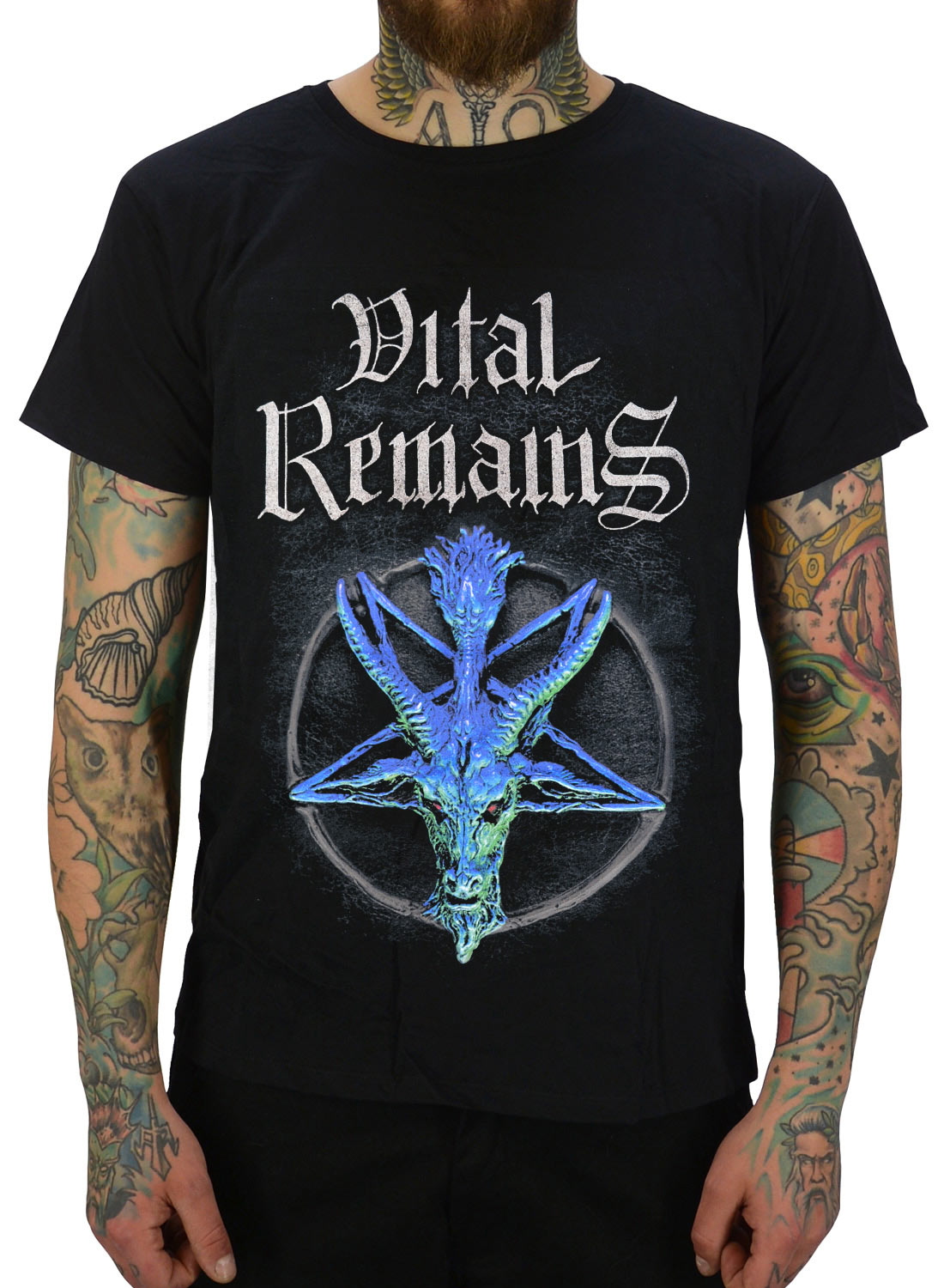 Vital Remains T-Shirt Forever Underground schwarz mit Pentagramm- und Ziegenmotiv in Blautönen.