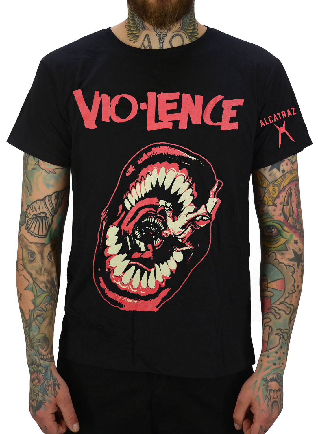 Vio-Lence T-Shirt Head Stomping Boots schwarz mit rotem Motiv aus offenem Mund und Bandlogo.
