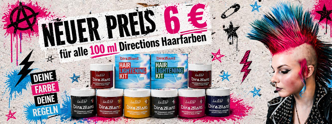 Werbebild für Haarfarbe, auf dem eine Person mit einem farbenfrohen Irokesenschnitt in Rosa, Türkis und Schwarz neben mehreren Dosen mit semi-permanenter Haarfarbe zu sehen ist. Der Text gibt einen Aktionspreis von 6 € für 100 ml Directions Haarfarben an.