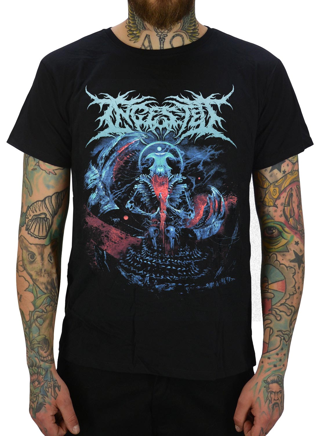 Schwarzes Ingested-T-Shirt mit brutalem Death-Metal-Motiv in Blau- und Rottönen, das Skelette und düsteres Fantasy-Design darstellt.