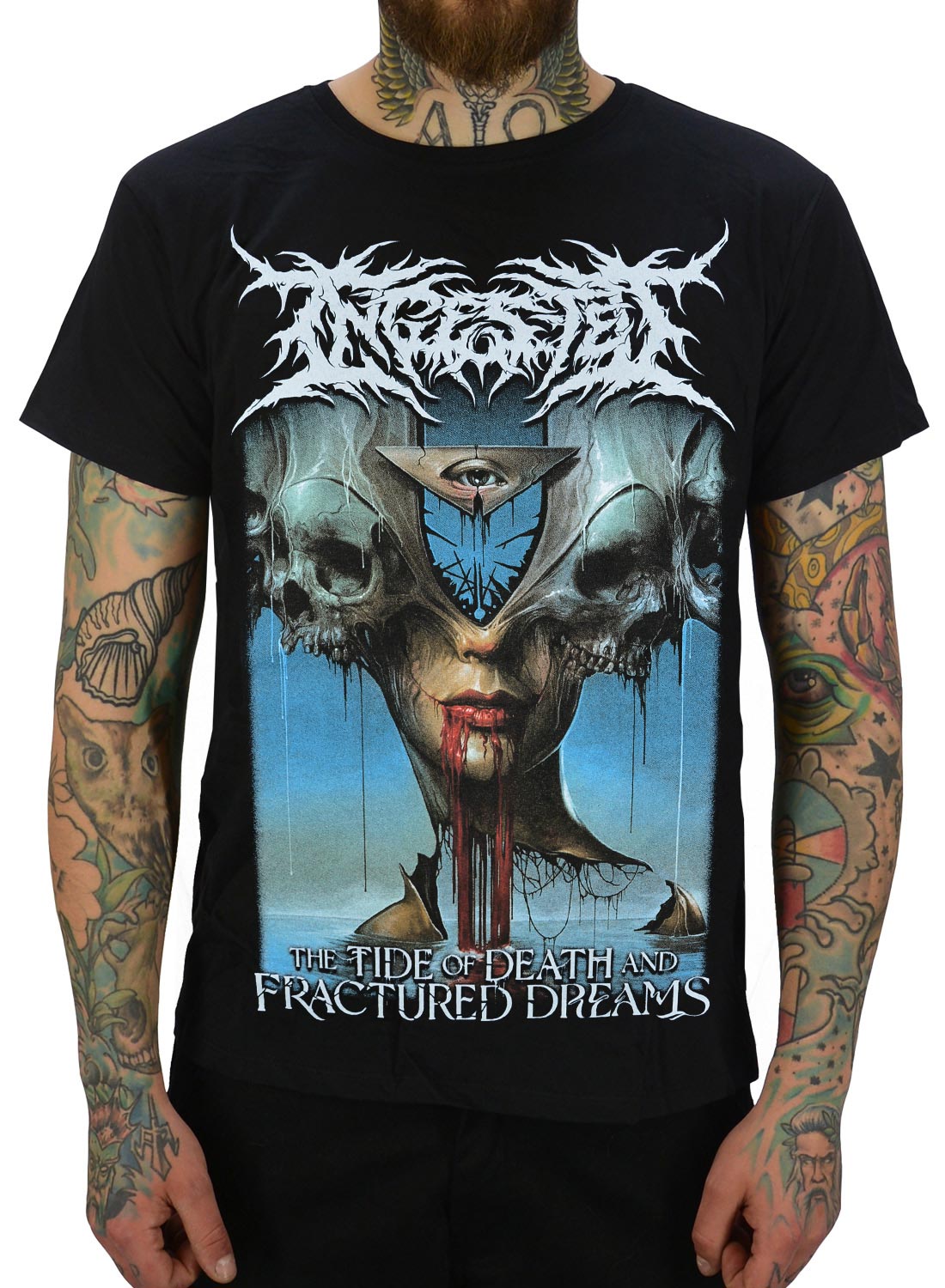 Ingested T-Shirt schwarz mit Death-Metal-Motiv mit Totenköpfen, Auge und blutigem Design.