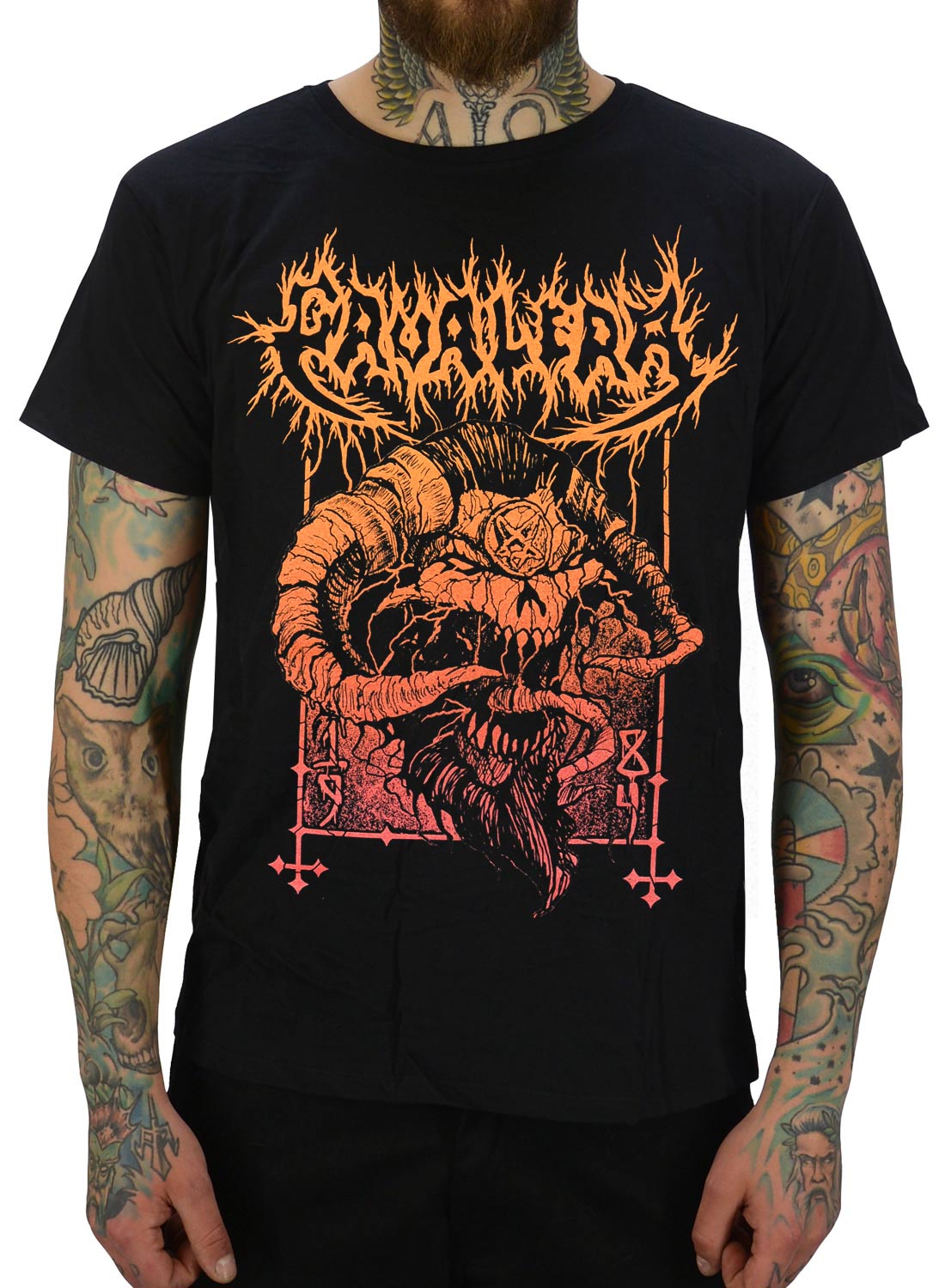 Cavalera T-Shirt mit orangefarbenem Death-Metal-Motiv und dämonischem Design auf schwarzem Stoff.