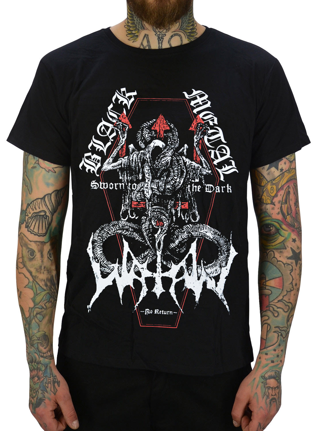 Watain T-Shirt schwarz mit Sworn Coffin-Motiv mit Schlangen-, Kreuz- und schwarzem Metalldesign.