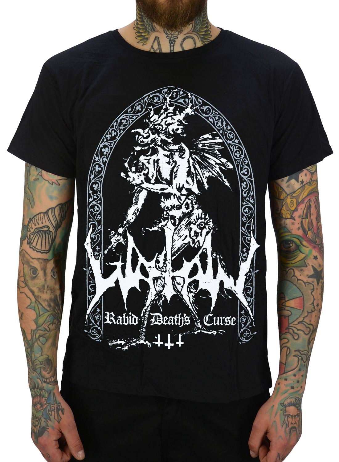 Watain T-Shirt schwarz mit Rabid Deaths Curse-Motiv und dämonischem Black-Metal-Design.
