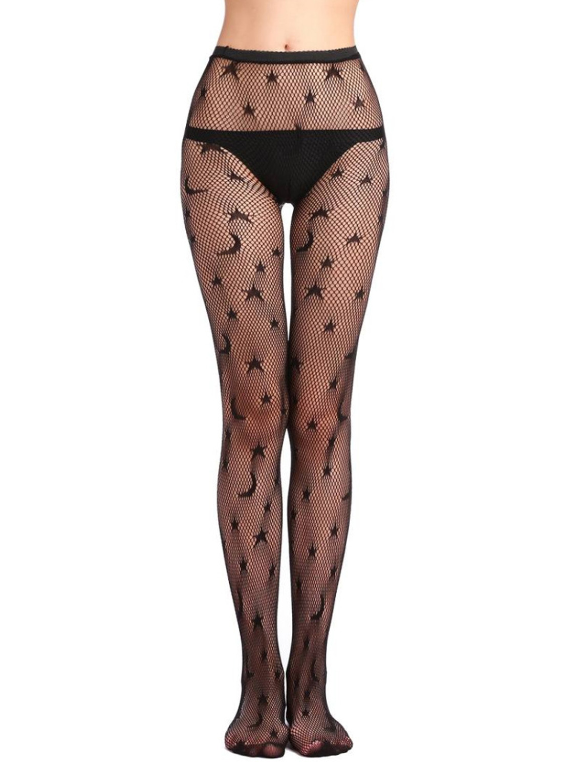 Schwarze Netzstrumpfhose mit Sternen und Monden, hoher Taille und Gothic-Nachthimmel-Design.
