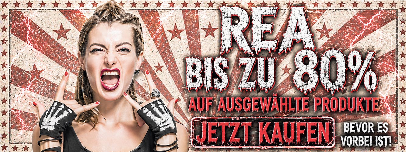 Frau im Rockstil macht Handgesten und schreit vor einem roten Hintergrund mit Sternen und Text über einen Sale von bis zu 80 Prozent.