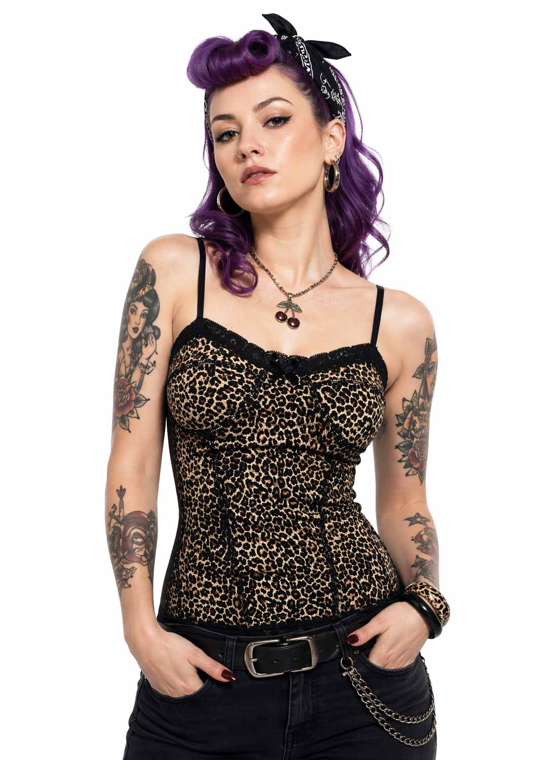 Bustier-Oberteil mit Leopardenmuster und schmalen Trägern, Vorderansicht, kantiger Retro-Stil