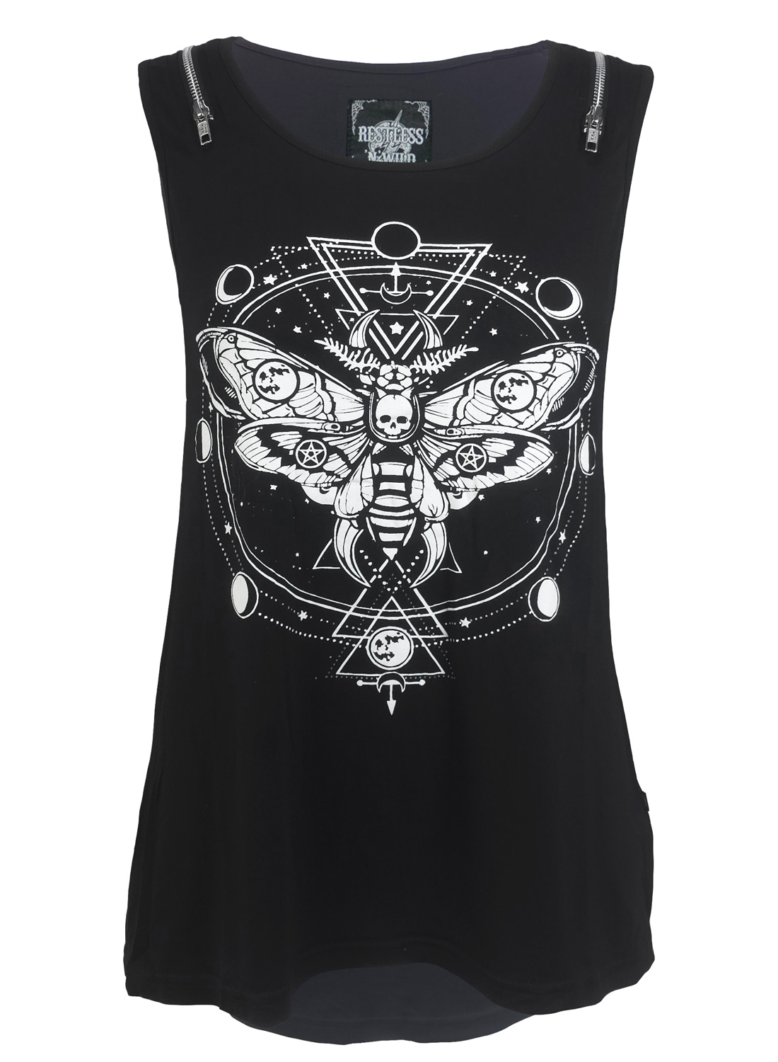 Okkultes Motte Tank Top. Schwarzes ärmelloses Top mit weißem Grafikdruck von Motten mit Totenkopf und geometrischen Symbolen auf der Vorderseite.