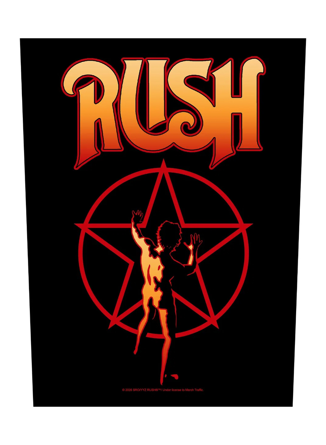 Aufnäher auf der Rückseite mit Rush-Logo über dem klassischen Starman-Motiv in Rot und Orange auf schwarzem Hintergrund.
