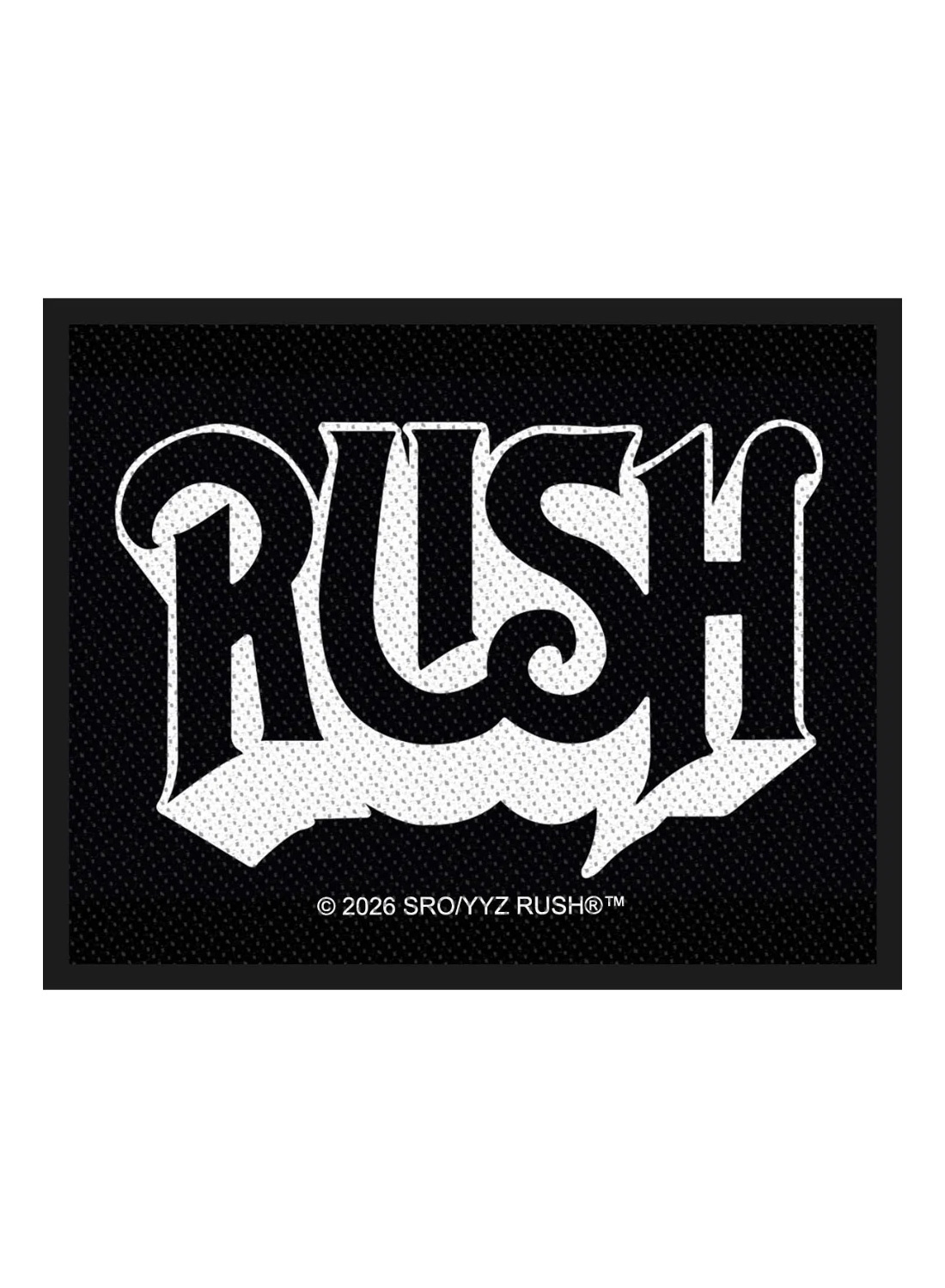 Patch mit großem weißen Rush-Logo im klassischen Vintage-Stil.