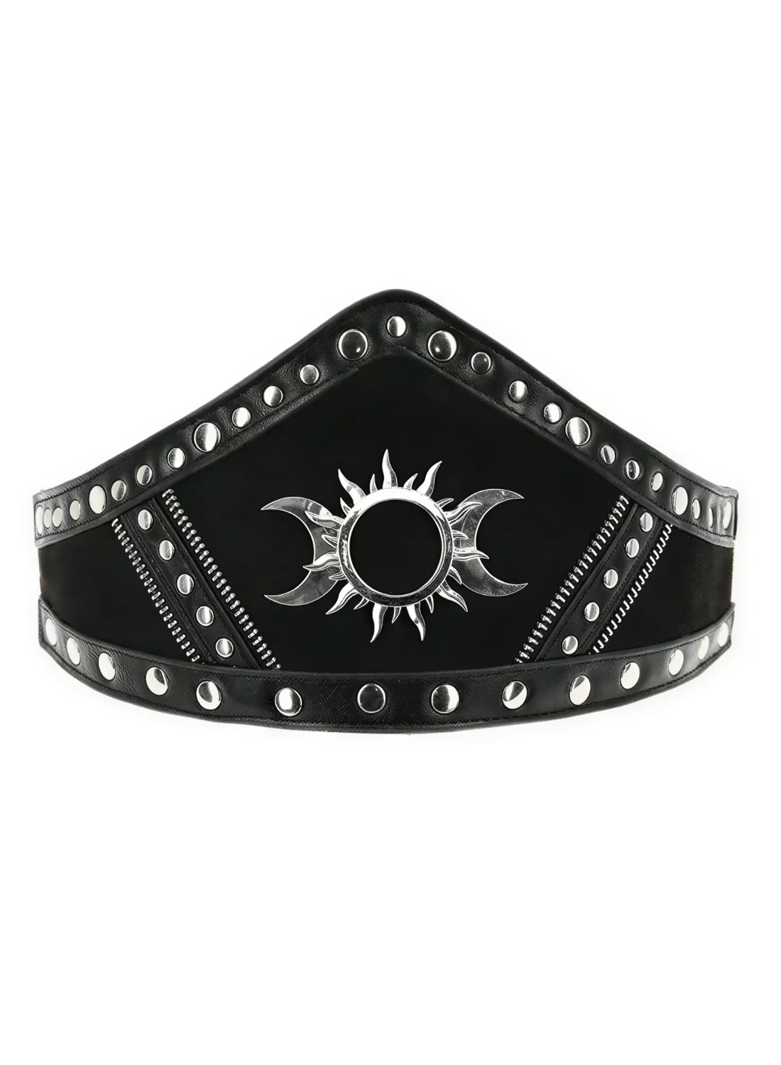 Restyle Goodess Taillengürtel. Schwarzer Gothic-Taillengürtel mit Triple Goddess-Motiv und silbernen Nieten