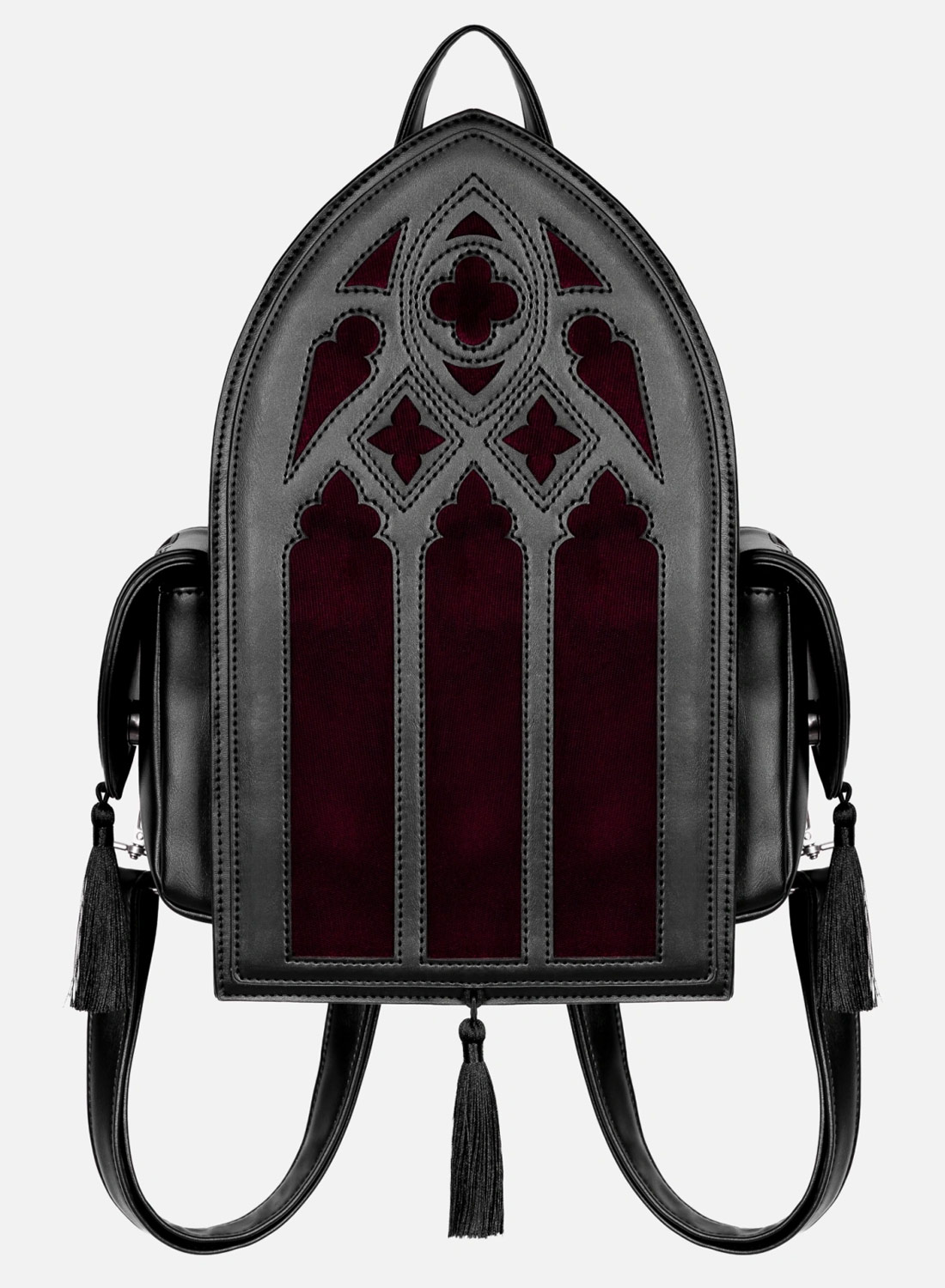 Restyle Rubrum Lux Gothic-Rucksack mit burgunderrotem Samt und Kathedralen-Design