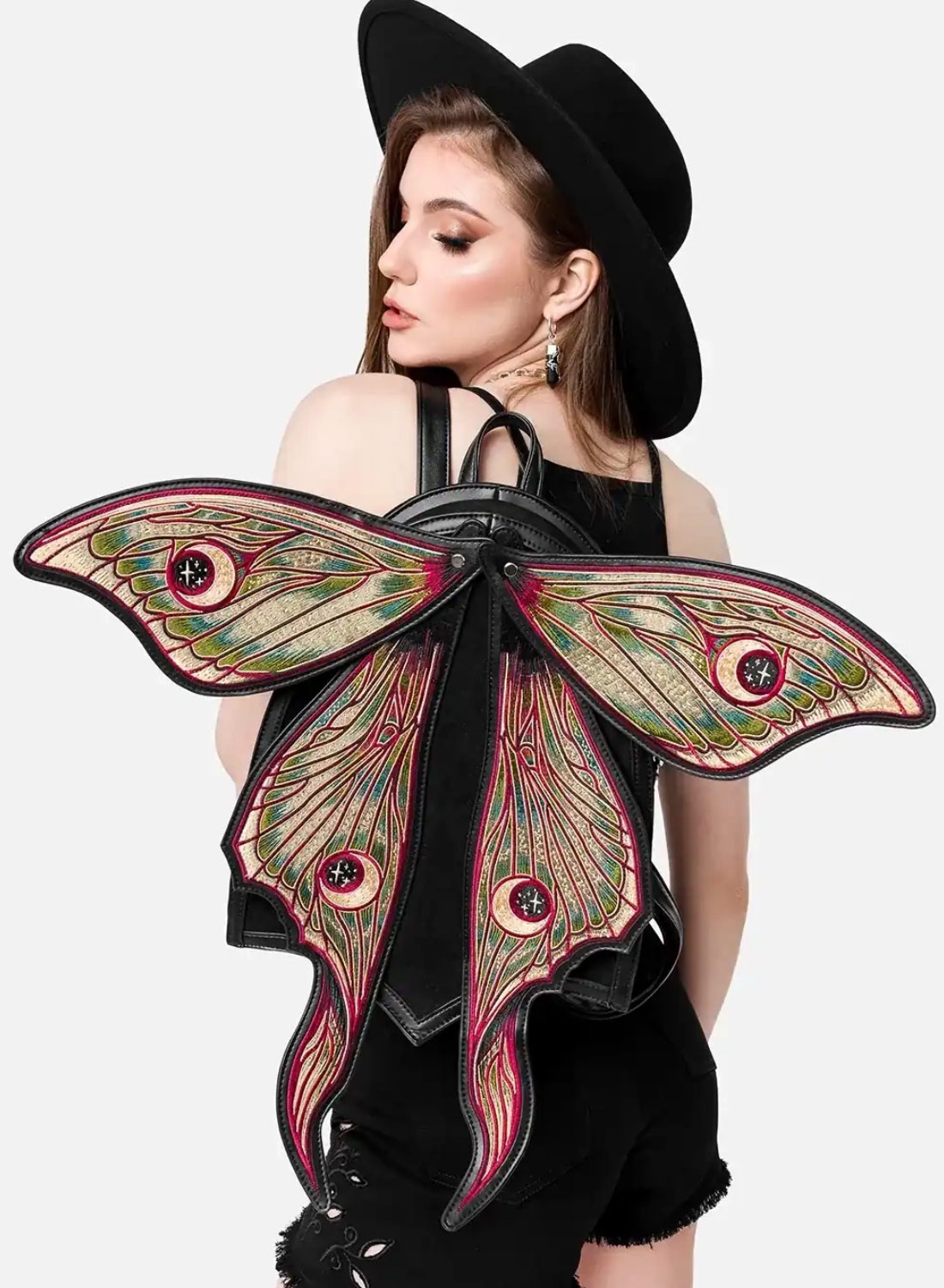 Metamorphosis Moth Backpack Gothic-Rucksack mit gestickten beweglichen Mottenflügeln