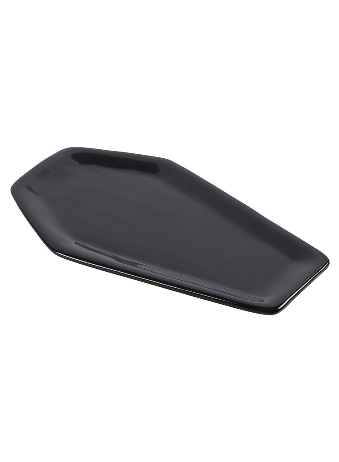 Rest in Style-Tablett. Schwarze sargförmige Schmuckschale aus Keramik von Something Different. Perfekt für Ringe, Schmuck, Schlüssel und Gothic-Dekor.