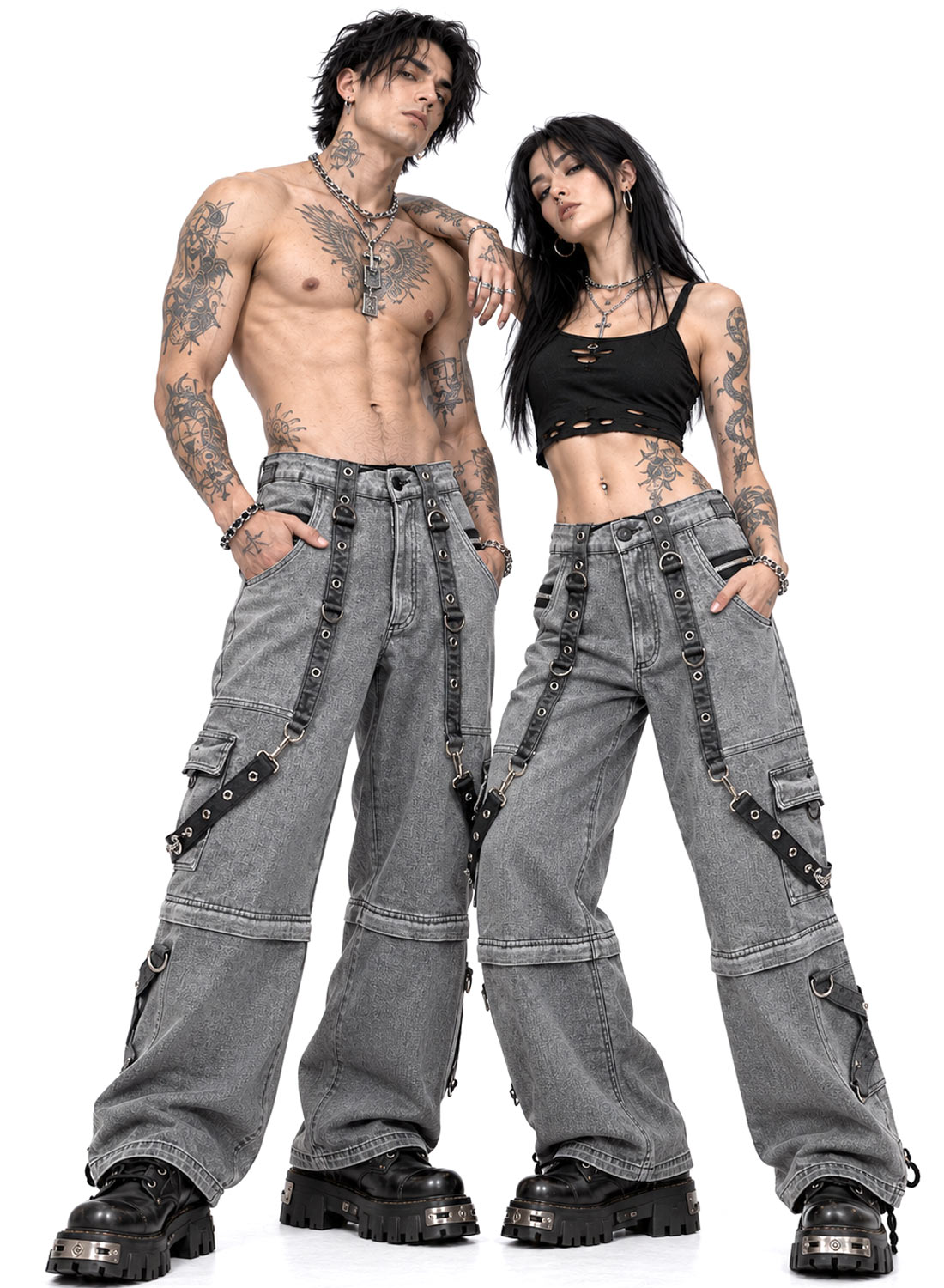 Grave Digger Pants – graue Baggy-Jeanshose mit Ketten, Trägern und abnehmbaren Hosenbeinen, die sich in Shorts verwandeln lassen.