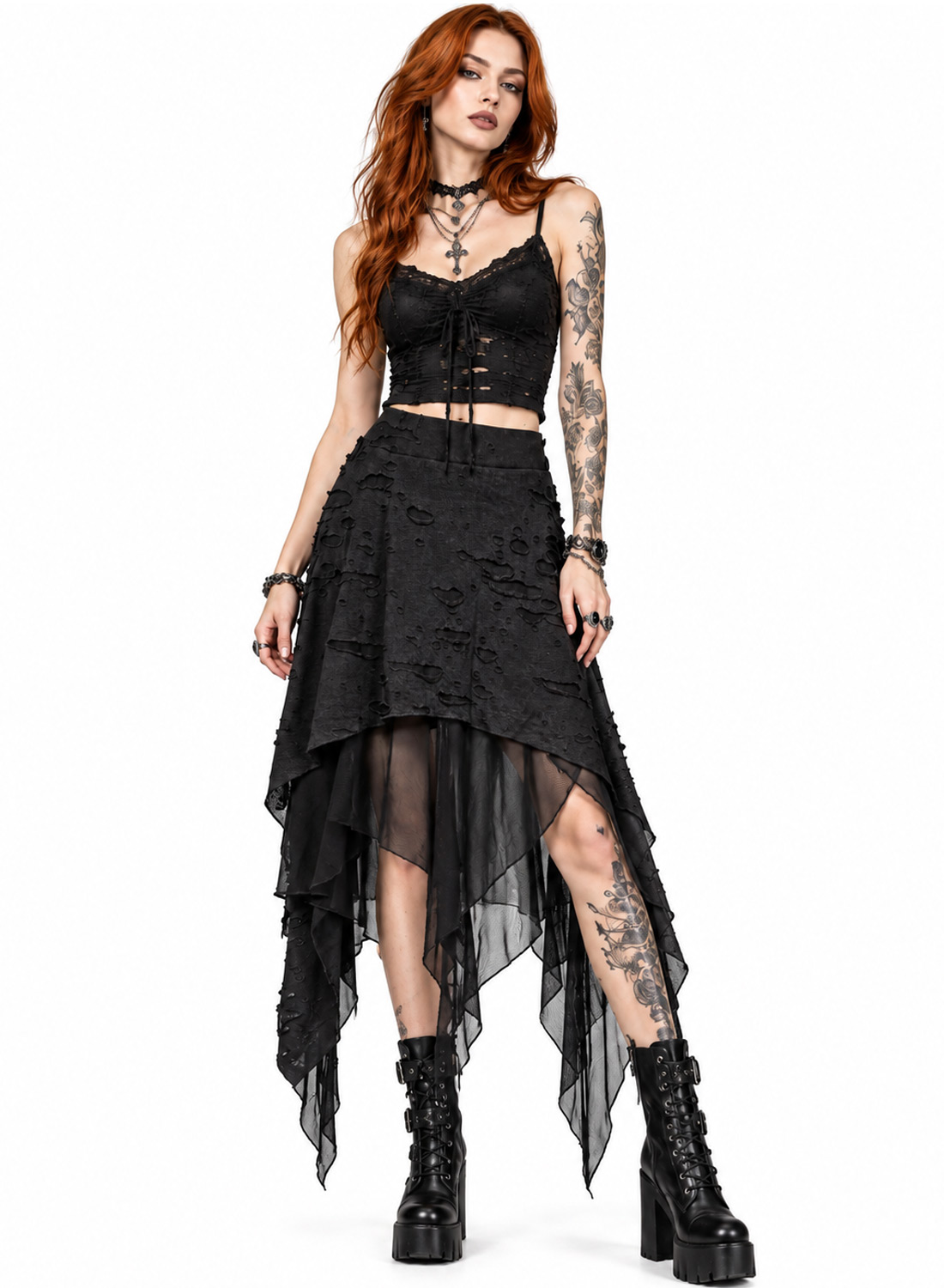 Apocalypse Chic-Rock, schwarzer, asymmetrischer Gothic-Rock mit strukturiertem Distressed-Stoff, transparenten Netzschichten, spitzen Säumen und elastischem Bund.